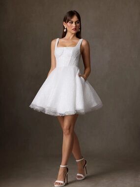 NWT Azazie Avita Diamond White A-Line with Pockets Beading Dress